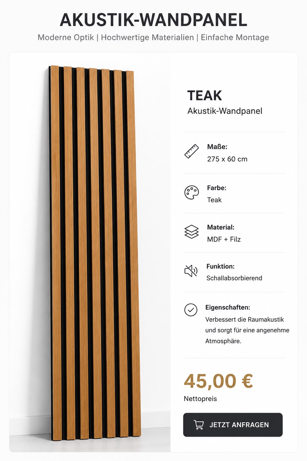 Akustik-Wandpaneel Teak 275 × 60 cm