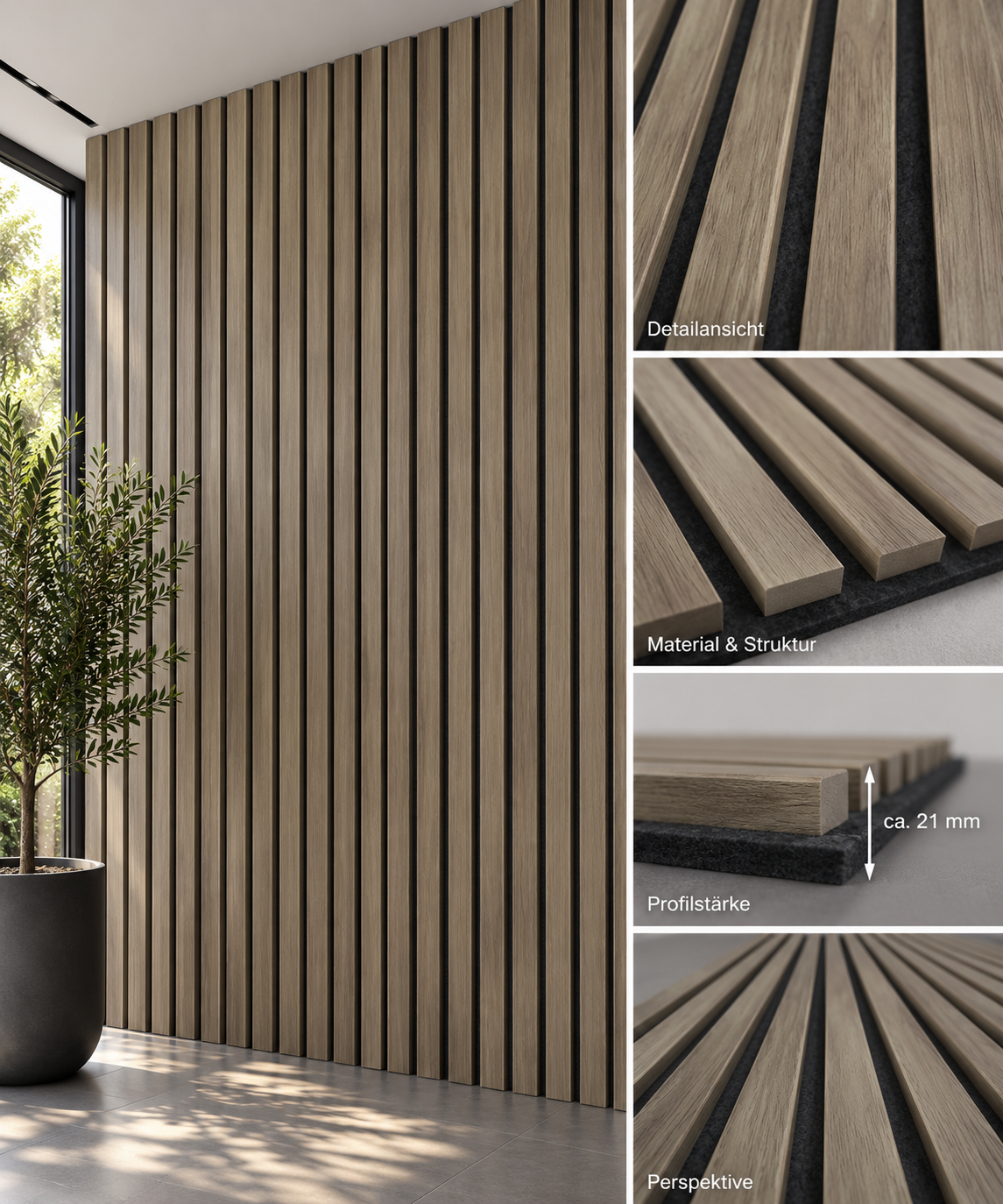 Premium Akustikpaneel Natura Oak – Schwarzer Filz | 270 × 60 ×