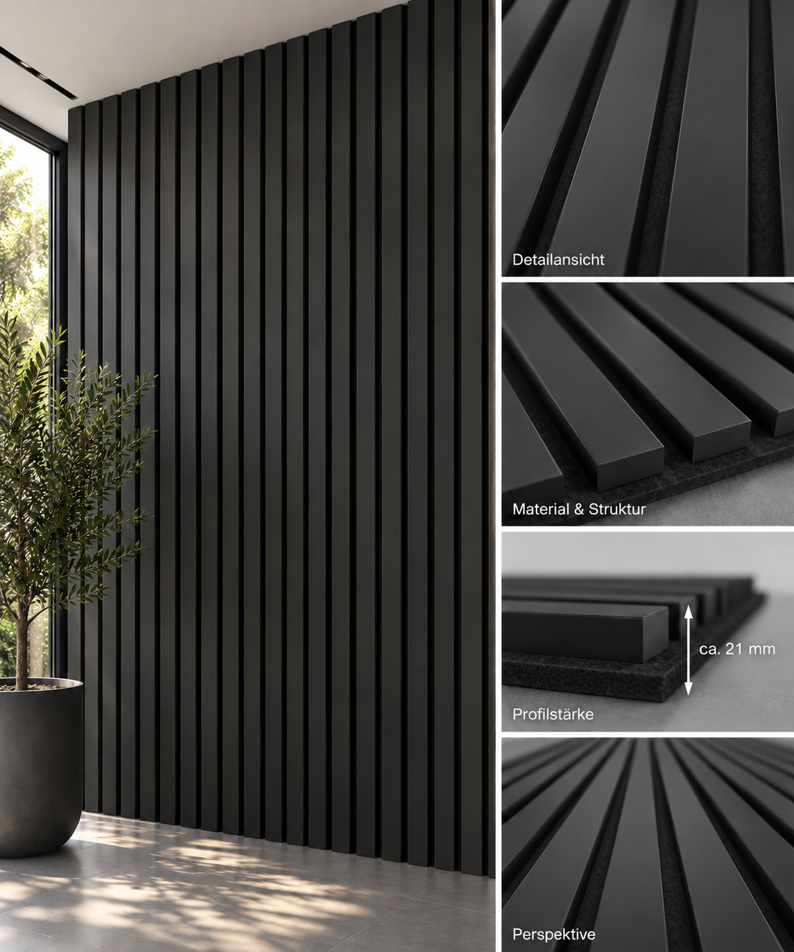 Premium Akustikpaneel Black Moon – Schwarz | Schwarzer Filz | 270 × 60