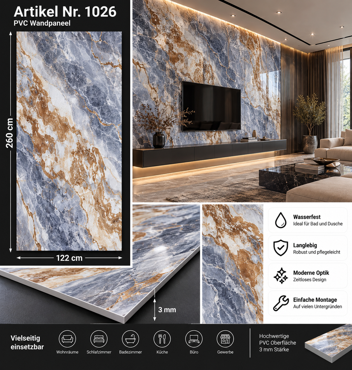 PVC-Wandpaneel - Bronze Grau Marmor - Marmoroptik - 122 × 260 cm - 1026