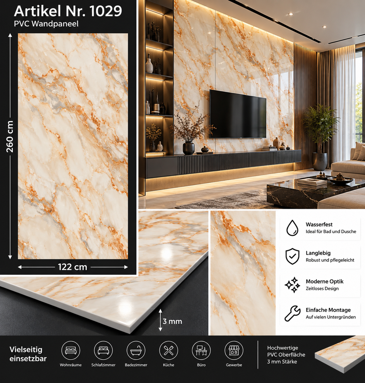 PVC-Wandpaneel - Beige Kupfer Marmor - Marmoroptik - 122 × 260 cm - 1029