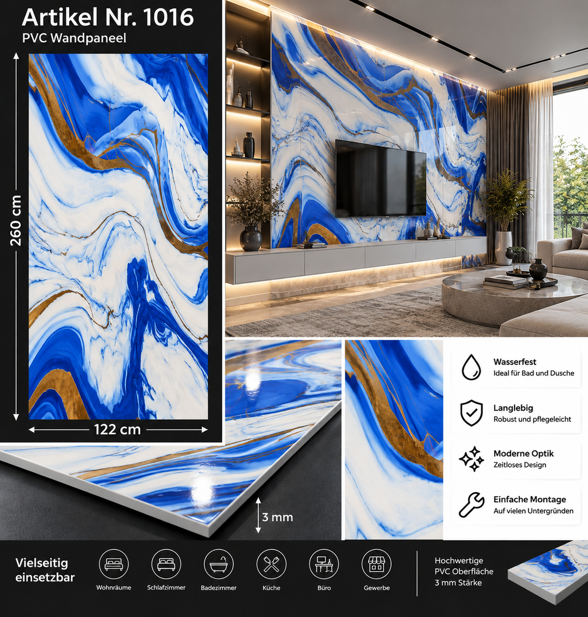 PVC-Wandpaneel - Königsblau Gold - Marmoroptik - 122 × 260 cm - 1028