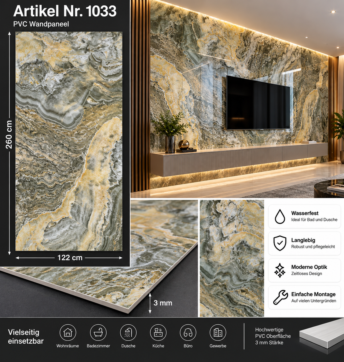 PVC-Wandpaneel - Wald Onyx Grau - Marmoroptik - 122 × 260 cm - 1038