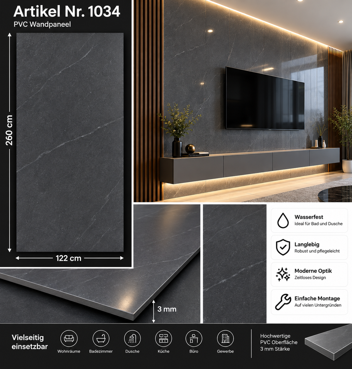 PVC-Wandpaneel - Anthrazit Schiefergrau - Marmoroptik - 122 × 260 cm - 1033
