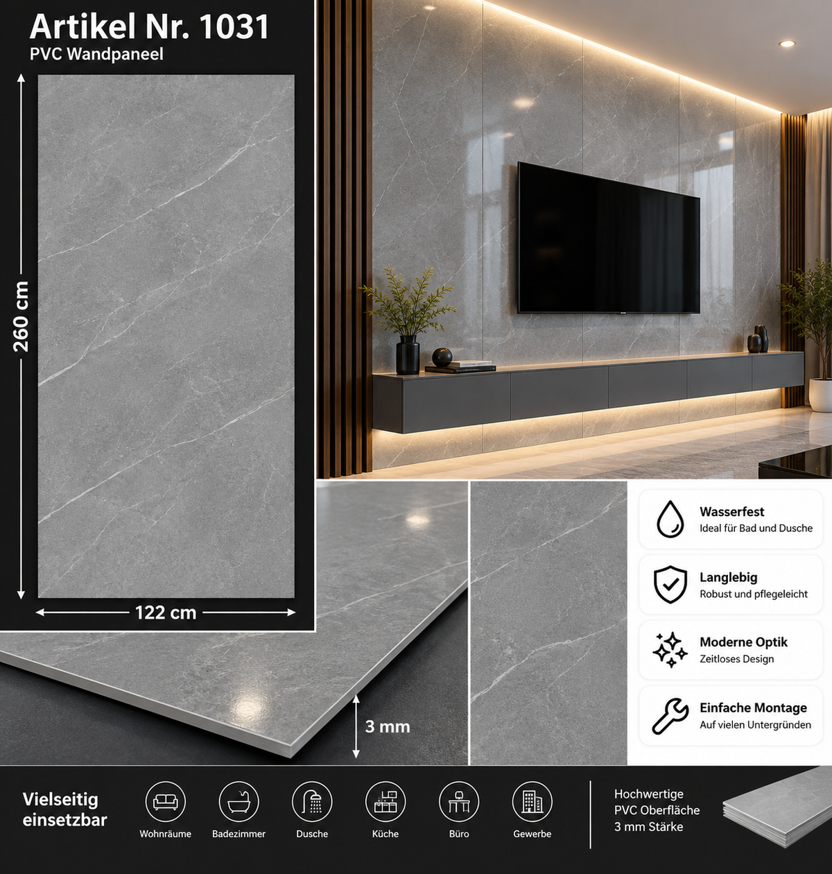 PVC-Wandpaneel - Grau Steinader - Marmoroptik - 122 × 260 cm - 1031