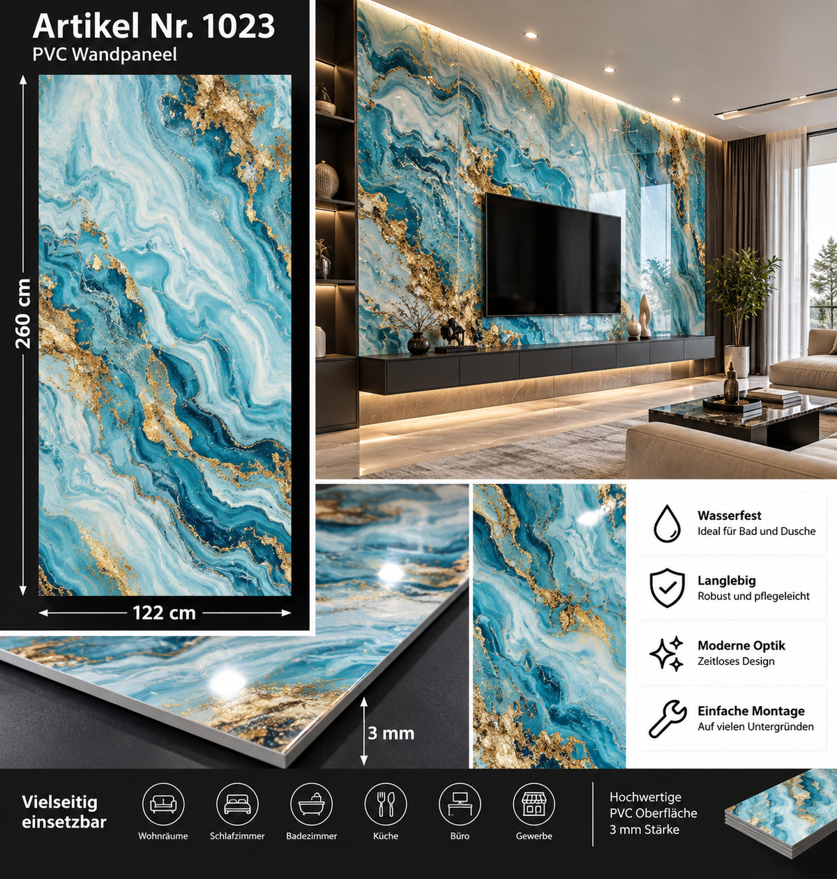 PVC-Wandpaneel - Aqua Gold Marmor - Marmoroptik - 122 × 260 cm - 1023