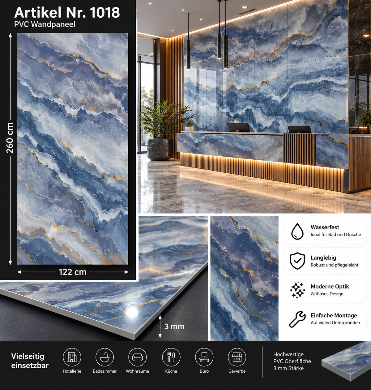 PVC-Wandpaneel - Himmelblau Gold - Marmoroptik - 122 × 260 cm - 1018