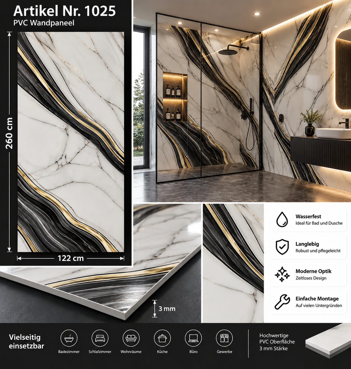 PVC-Wandpaneel - Nero Goldlinien - Marmoroptik - 122 × 260 cm - 1025