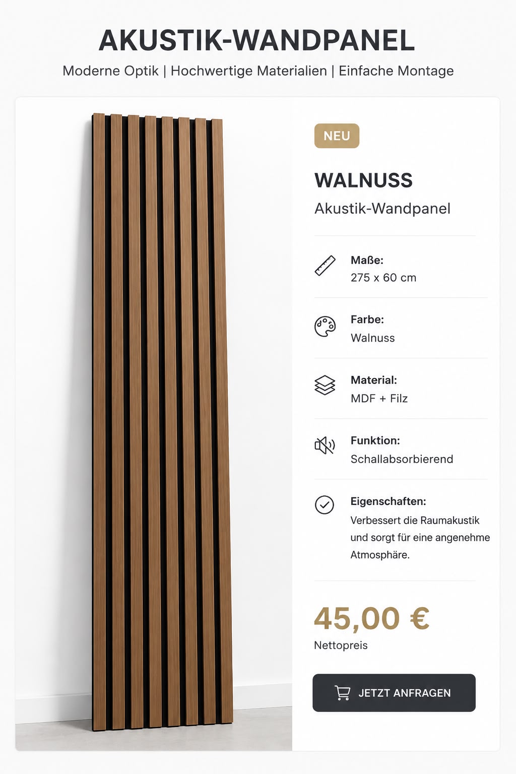 Akustik-Wandpaneel Walnuss 275 × 60 cm