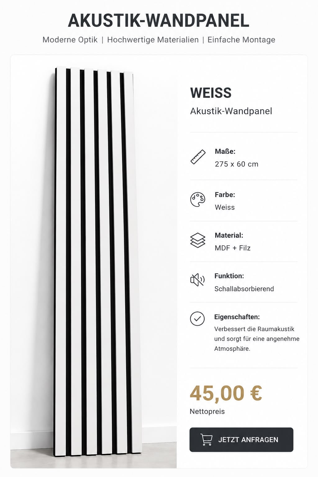 Akustik Wandpanel Weiß 275 × 60 cm