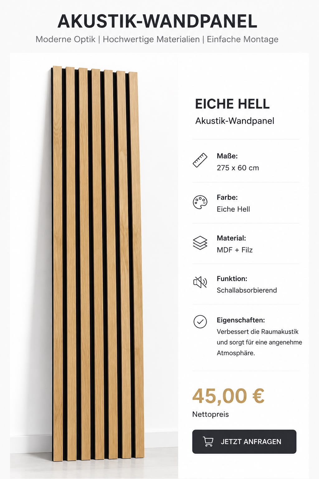 Akustik-Wandpaneel Eiche Hell 275 × 60 cm