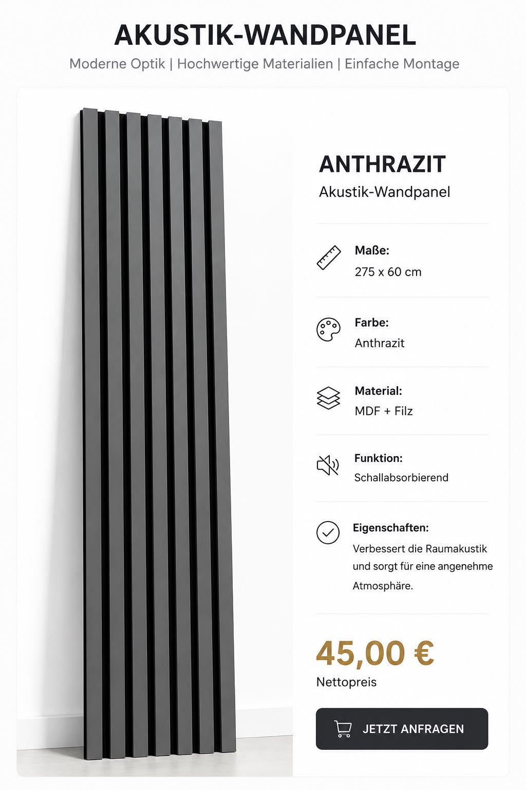 Akustik-Wandpaneel Anthrazit 275 × 60 cm