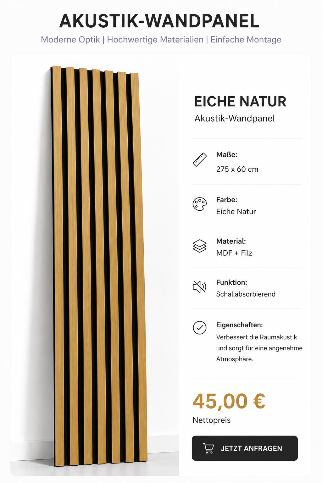 Akustik-Wandpaneel Eiche Natur 275 × 60 cm