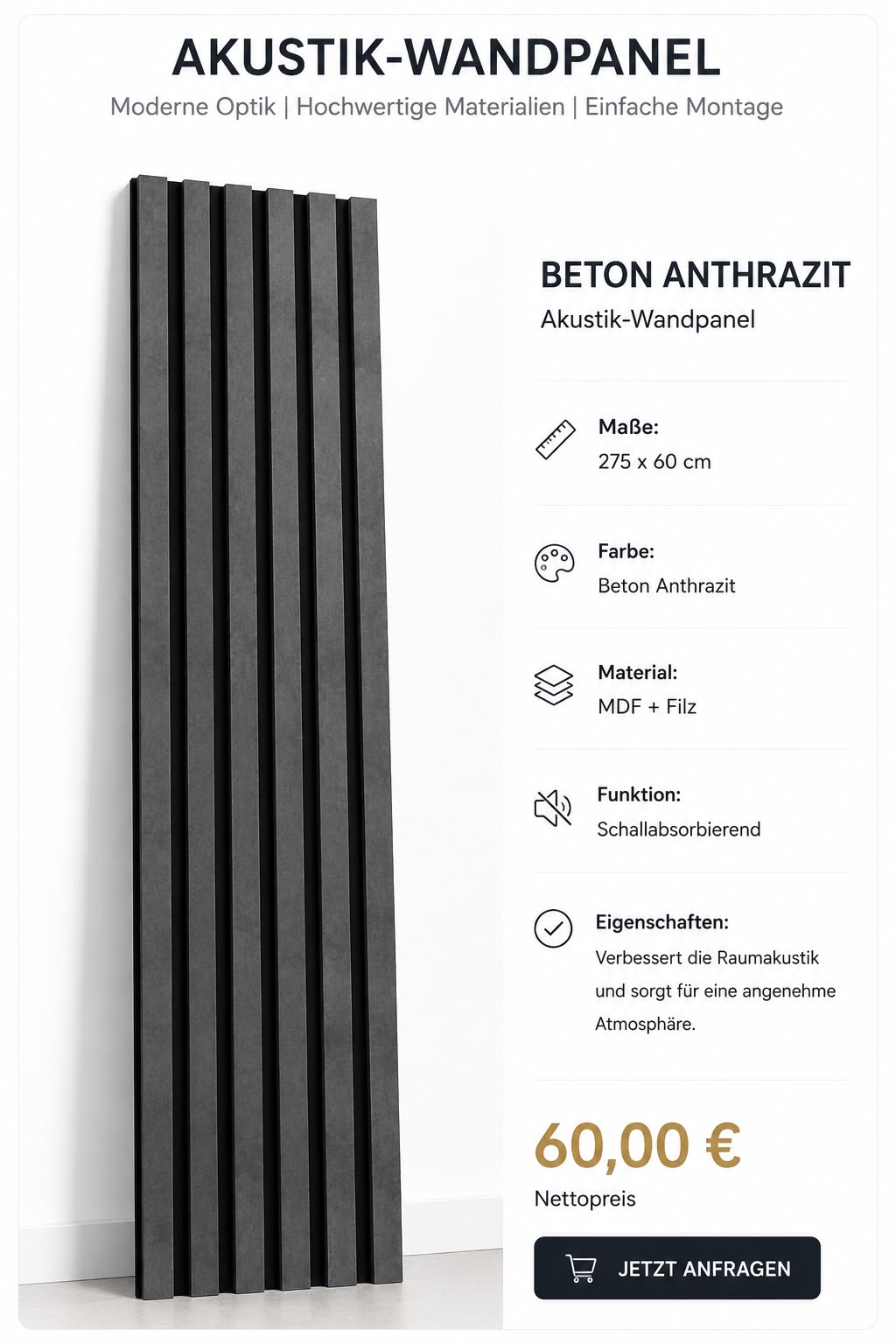 Akustik-Wandpaneel Beton Anthrazit 275 × 60 cm