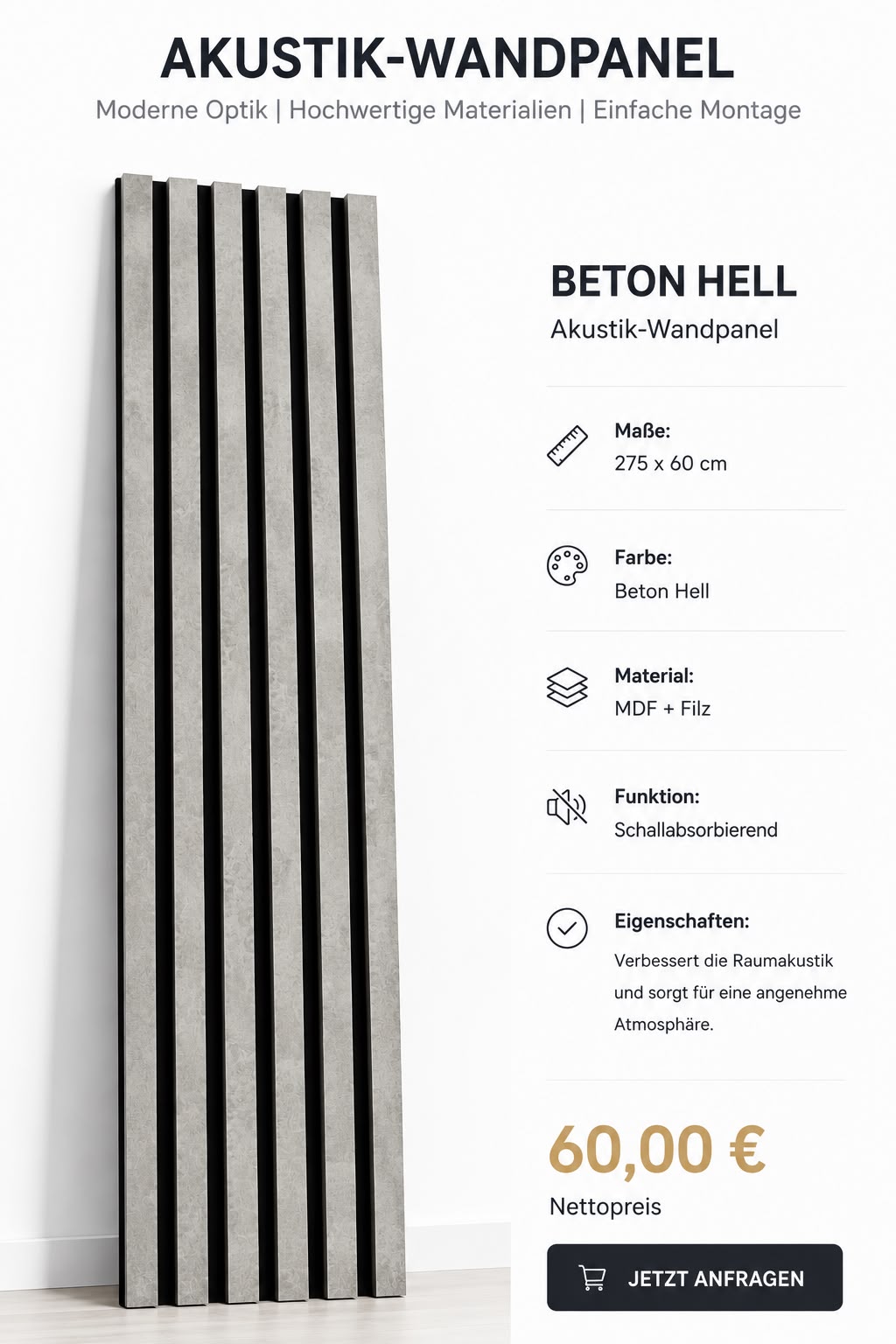 Akustik-Wandpaneel Beton Hell 275 × 60 cm